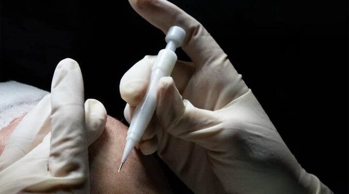 Close-up of a gloved hand injecting a patient’s skin with a small syringe-like device.