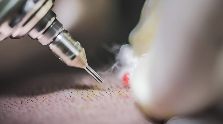 Close-up of a tattoo machine needle touching the skin during a tattooing session, with a small plume of ink and steam nearby.