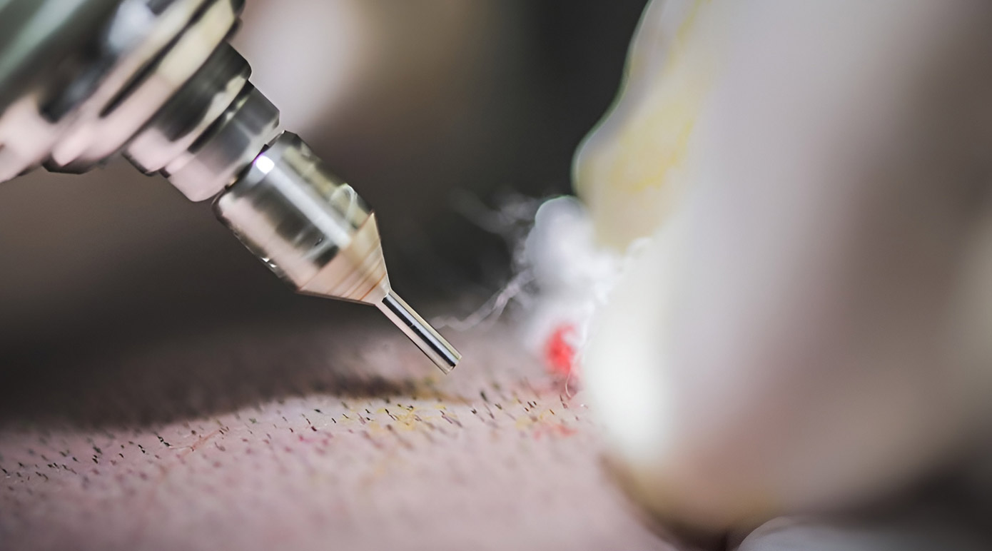 Close-up of a tattoo machine needle touching the skin during a tattooing session, with a small plume of ink and steam nearby.